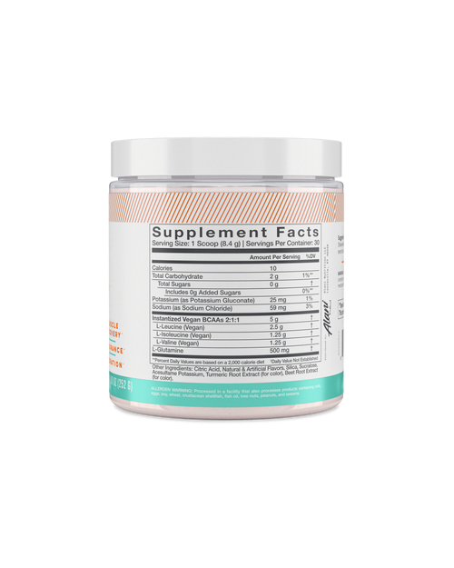 A back view of BCAA in Sour Peach Rings flavor highlighting Supplement facts.