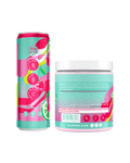 The side view of an Alani Nu Cherry Twist Energy Drink can and Pre- Workout tub