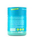 The side view of a Blue Slush Pre-Workout+ tub, gluten-free, vegan, and made with 300mg of caffeine. Suggested-use directions shown.