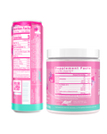 The back view of an Alani Nu Pink Slush Energy Drink can and Pre-Workout tub, showing nutrition facts.