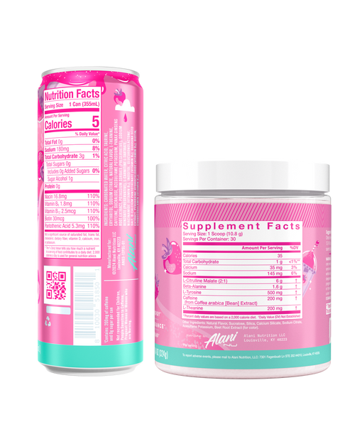The back view of an Alani Nu Pink Slush Energy Drink can and Pre-Workout tub, showing nutrition facts.