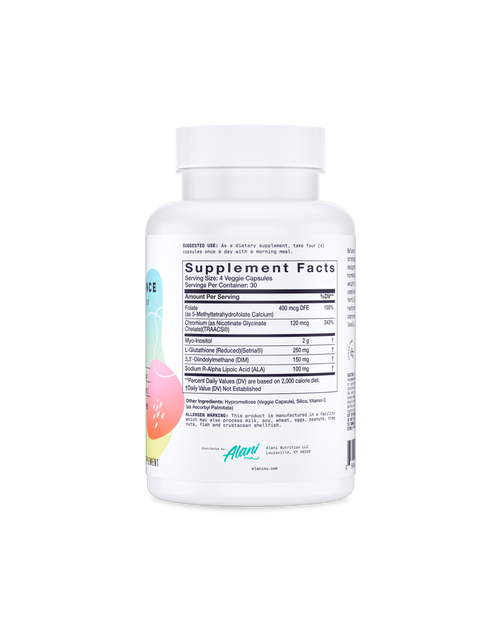 A back view of Balance Capsules highlighting the specifics of the supplement facts.
